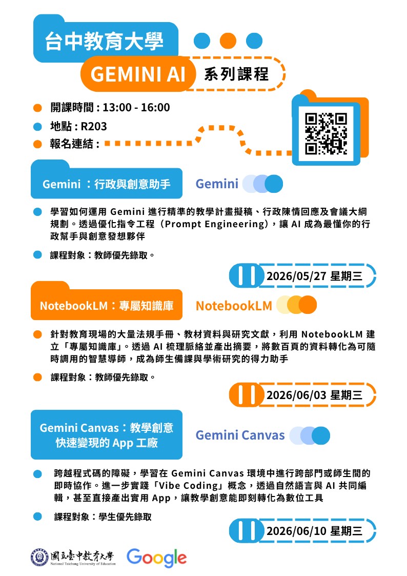本校智慧教育中心與Google for Education合作辦理「Gemini AI 主題系列課程」，歡迎報名參加，請查照轉知。